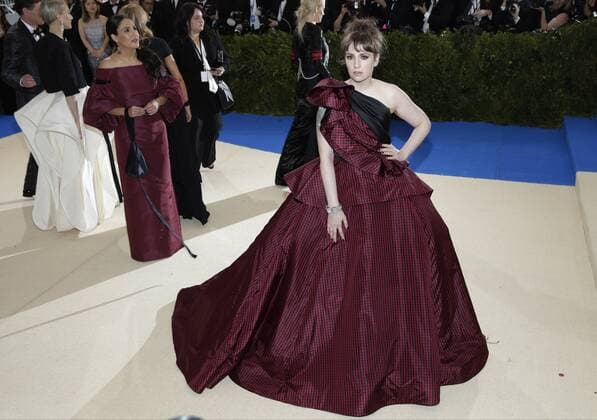 Lena Dunham arrives on the red carpet at the Costume Institute Benefit at The Metropolitan Museum of Art celebrating the opening of Rei Kawakubo Comme des Garcons: Art of the In-Between in New York City on May 1, 2017.  NYP20170501165 JOHNxANGELILLO