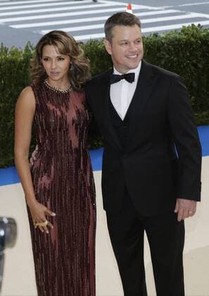 Luciana Barroso and Matt Damon arrive on the red carpet at the Costume Institute Benefit at The Metropolitan Museum of Art celebrating the opening of Rei Kawakubo Comme des Garcons: Art of the In-Between in New York City on May 1, 2017.  NYP20170501170 JOHNxANGELILLO