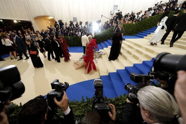 Rita Ora arrives on the red carpet at the Costume Institute Benefit at The Metropolitan Museum of Art celebrating the opening of Rei Kawakubo Comme des Garcons: Art of the In-Between in New York City on May 1, 2017.  NYP20170501540 JOHNxANGELILLO