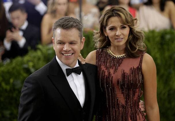 Luciana Barroso and Matt Damon arrive on the red carpet at the Costume Institute Benefit at The Metropolitan Museum of Art celebrating the opening of Rei Kawakubo Comme des Garcons: Art of the In-Between in New York City on May 1, 2017.  NYP20170501192 JOHNxANGELILLO