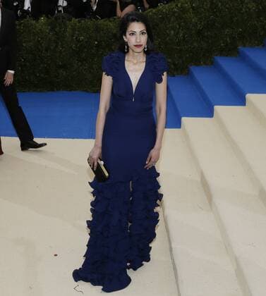 Huma Abedin arrives on the red carpet at the Costume Institute Benefit at The Metropolitan Museum of Art celebrating the opening of Rei Kawakubo Comme des Garcons: Art of the In-Between in New York City on May 1, 2017.  NYP20170501617 JOHNxANGELILLO
