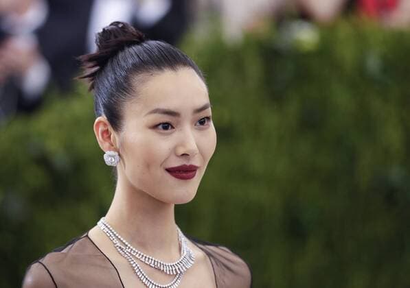 Liu Wen arrives on the red carpet at the Costume Institute Benefit at The Metropolitan Museum of Art celebrating the opening of Rei Kawakubo Comme des Garcons: Art of the In-Between in New York City on May 1, 2017.  NYP20170501589 JOHNxANGELILLO