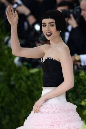 arriving at the Rei Kawakubo Comme des Garcons: Art Of The In-Between Costume Institute Gala at the Metropolitan Museum of Art Lily Collins New York United States  513444