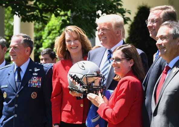 U.S. President Donald Trump awards the Commander-In-Chief Trophy to the U.S. Air Force Academy during ceremony event in the Rose Garden of the White House in Washington, DC on May 2, 2017. The trophy is given annually to the winner of the Army, Navy and Air Force football rivalry.  WAP20170502102 PATxBENIC