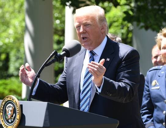 U.S. President Donald Trump speaks as he awards the Commander-In-Chief Trophy to the U.S. Air Force Academy during ceremony event in the Rose Garden of the White House in Washington, DC on May 2, 2017. The trophy is given annually to the winner of the Army, Navy and Air Force football rivalry.  WAP20170502108 PATxBENIC