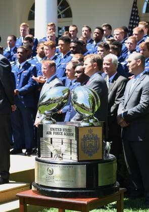 The Commander-In-Chief Trophy is shown as U.S. President Donald Trump speaks as he awards the trophy to the Air Force Academy football team during ceremony event in the Rose Garden of the White House in Washington, DC on May 2, 2017. The trophy is given annually to the winner of the Army, Navy and Air Force football rivalry.  WAP201705021012 PATxBENIC