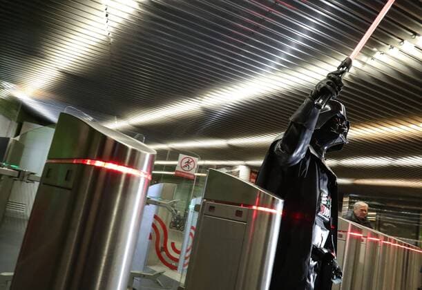 MOSCOW, RUSSIA - MAY 4, 2017: A man dressed as Darth Vader goes through a turnstile during the Star Wars Day flash mob at Lermontovsky Prospekt Station of the Moscow Metro. Vyacheslav Prokofyev TASS  TS04AA83