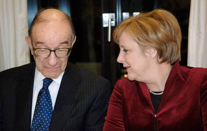 Bundeskanzlerin Angela Merkel und der scheidende Notenbankchef der USA, Alan Greenspan, sitzen waehrend eines Abendessens der ACG DGAP-Konferenz am 12.01.2006 in Washington zusammen. , , Washington D.C. Vereinigte Staaten Copyright: xBergmann poolxBPAx