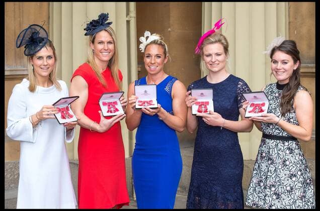 . 12 05 2017. London, United Kingdom. Investitures at Buckingham Palace. From Left: Georgina Twigg, Chay (Christa) Cullen, Susannah Townsend, Hollie Webb and Laura Unsworth, hockey players awarded MBEs by the Duke of Cambridge at the Investiture ceremony at Buckingham Palace.  xPetexMaclainex xi-Imagesx IIM-15106-0053