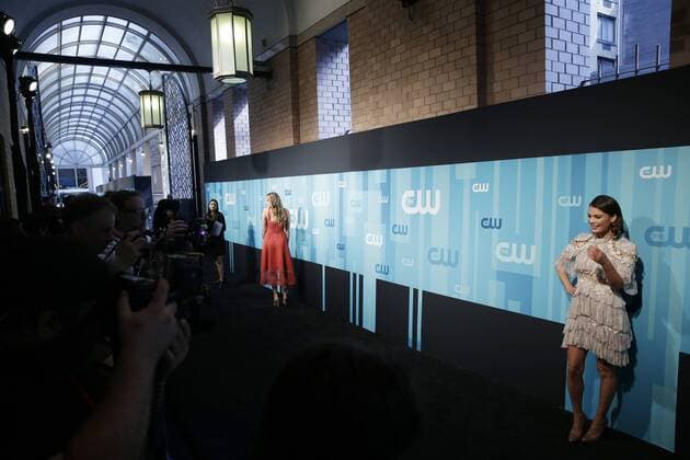 Nathalie Kelley and Elizabeth Gillies arrive on the red carpet at the 2017 CW Upfront at the London Hotel on May 18, 2017 in New York City.  NYP20170518143 JOHNxANGELILLO