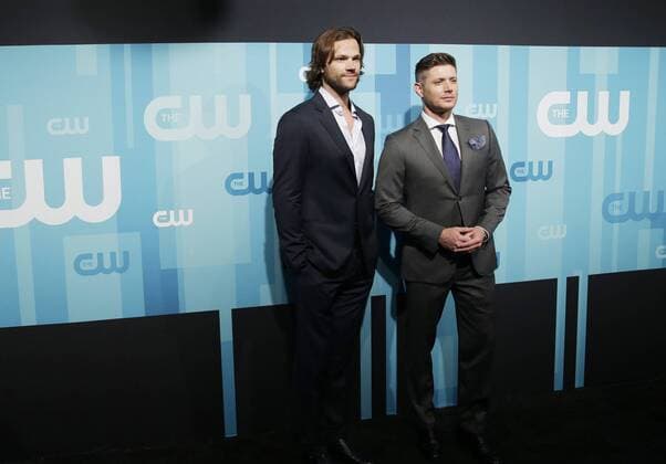 Jared Padalecki and Jensen Ackles arrive on the red carpet at the 2017 CW Upfront at the London Hotel on May 18, 2017 in New York City.  NYP20170518108 JOHNxANGELILLO