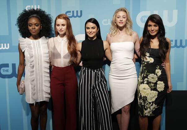 Ashleigh Murray, Madelaine Petsch, Camila Mendes, Lili Reinhart and Marisol Nichols arrive on the red carpet at the 2017 CW Upfront at the London Hotel on May 18, 2017 in New York City.  NYP20170518129 JOHNxANGELILLO