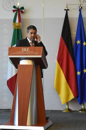 May 19, 2017 - Mexico City, Mexico - Sigmar Gabriel , Minister for Foreign Affairs of Germany is seen during his speech during a press conference at Ministry of Foreign Affairs of Mexico on May 19, 2017 Mexico City Mexico  - ZUMAn230 20170519_zaa_n230_376 Copyright: xCarlosxTischlerx