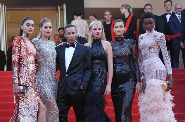 (From L tor R) Neelam Gill, Doutzen Kroes, Olivier Rousteing, Lara Stone, Irina Shayk and Maria Borges arrive on the red carpet before the screening of the film The Beguiled during the 70th annual Cannes International Film Festival in Cannes, France on May 24, 2017.  CAN20170524109 DAVIDxSILPA