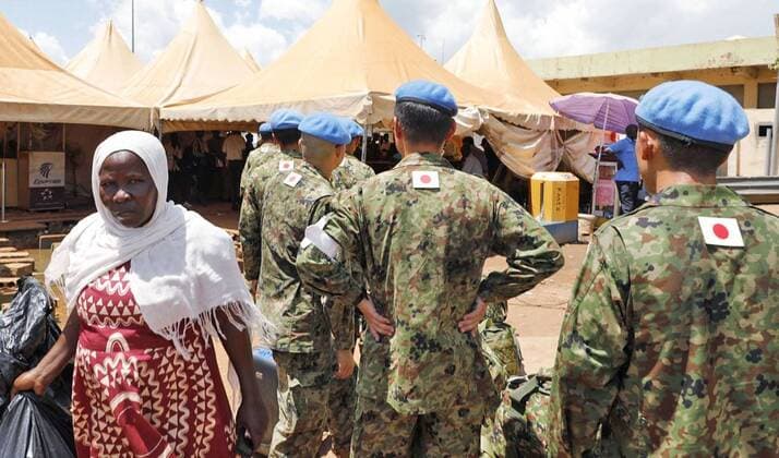 Japan s U.N. peacekeeping troops prepare to leave South Sudan Japanese Ground Self-Defense Force personnel line up for boarding procedures at an airport in Juba, South Sudan, on May 25, 2017, as Japan ended its five-year participation in a U.N. peacekeeping mission in the country. 