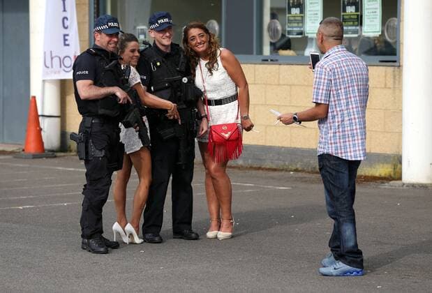 . 28 05 2017. Darlington, United Kingdom. Armed police at UB40 gig. Northern Echo Arena. Armed police patrol outside The Northern Echo arena in Darlington while it hosts a music event including bands UB40 and Level 42.  xChrisxBoothx xi-Imagesx IIM-15204-0001