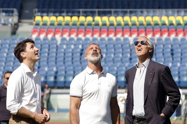 Justin Trudeau, Giovanni Malago Roma 29 05 2017. Il primo Ministro Canadese partecipa alla manifestazione Open Goal , una partita amichevole tra la Fiorentina Women s Football Club e Liberi Nantes, una squadra composta da migranti e rifugiati . Rome May 29th 2017. Prime Minister of Canada participates to an event against racism at Olympic Stadium in Rome. The premier attended a friendly match between Fiorentina Women s Football Club and Liberi Nantes, composed by migrants and refugees. Foto Samantha Zucchi Insidefoto SamanthaxZucchi