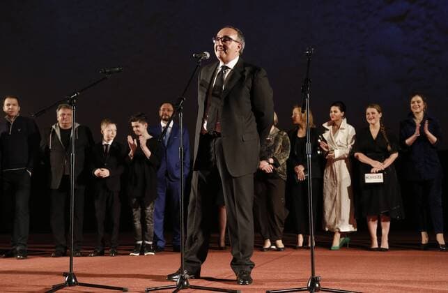 MOSCOW, RUSSIA - MAY 31, 2017: Producer Alexander Rodnyansky (front) at the premiere of director Andrey Zvyagintsev s latest film Nelyubov Loveless . Zvyagintsev has won the Jury Prize for the film at the 70th Cannes Film Festival. Alexander Shcherbak TASS  TS050FC5