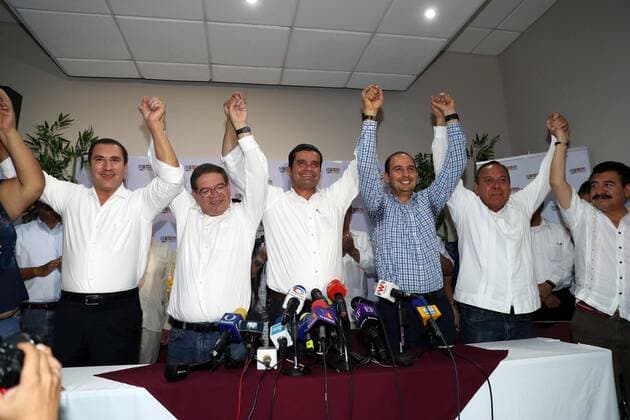 June 4, 2017 - Mexico - EUM20170604NAC95.JPG.TEPIC, Nay.- Election Elecciones-Nayarit.- El candidato de la Coalicion Juntos por ti , Antonio Echevarria Garcia, acompanado por el panista Marko Cortes; el perredista Jesus Zambrano y Rafael Moreno Valle, durante conferencia de prensa ofrecida este domingo 4 de junio de 2017. Foto: Agencia EL UNIVERSAL RCC. Mexico  - ZUMAu78_ 20170604_zaf_u78_156 Copyright: xValentexRosasx
