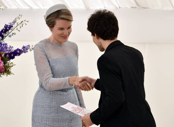 Queen Mathilde of Belgium and Victor Julien-Laferriere pictured during the award ceremony for the laureates of the Queen Elisabeth Cello Competition 2017 at the Queen Elisabeth Music Chapel (Chapelle Musicale Reine Elisabeth - Muziekkapel Koningin Elisabeth), in Waterloo, Tuesday 06 June 2017.  ERICxLALMAND 05109086