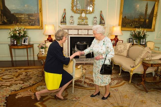 File pictures. As Theresa May defies Corbyn s call to resign and vows to stay on for stability after public punishes her for calling unnecessary election and a shocking campaign. UK heading for HUNG Parliament and chaos over Brexit . 13 07 2016. London, United Kingdom. Queen Elizabeth II welcomes Theresa May at an audience in Buckingham Palace, London, where she invited the former Home Secretary to become Prime Minister and form a new government.  xROTAxx xi-Imagesx IIM-15324-0095