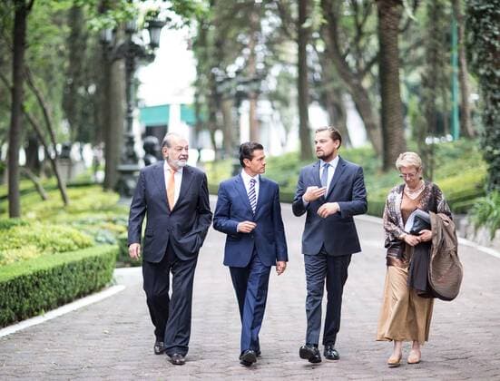 June 9, 2017 - Mexico City, DF, Mexico - Mexican President Enrique Pena Nieto, center, actor Leonardo DiCaprio and Mexican billionaire Carlos Slim, left, discuss saving the Vaquita, a critically endangered porpoise native to Mexico s Gulf of California, at the presidential palace Los Pinos June 8, 2017 in Mexico City, Mexico. DiCaprio is joining forces with Pena Nieto and Slim to try and save the Vaquita from extinction. Mexico City Mexico - ZUMAp138 20170609_zaa_p138_008 Copyright: xJulioxCesarxHernandezxReyesx