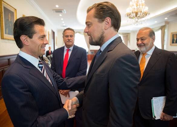 June 8, 2017 - Mexico City, DF, Mexico - Mexican President Enrique Pena Nieto, left, greets actor Leonardo DiCaprio as Mexican billionaire Carlos Slim, right, looks on during a meeting to discuss saving the Vaquita, a critically endangered porpoise native to Mexico s Gulf of California, at the presidential palace Los Pinos June 8, 2017 in Mexico City, Mexico. DiCaprio is joining forces with Pena Nieto and Slim to try and save the Vaquita from extinction. Mexico City Mexico - ZUMAp138 20170608_zaa_p138_002 Copyright: xJulioxCesarxHernandezxReyesx