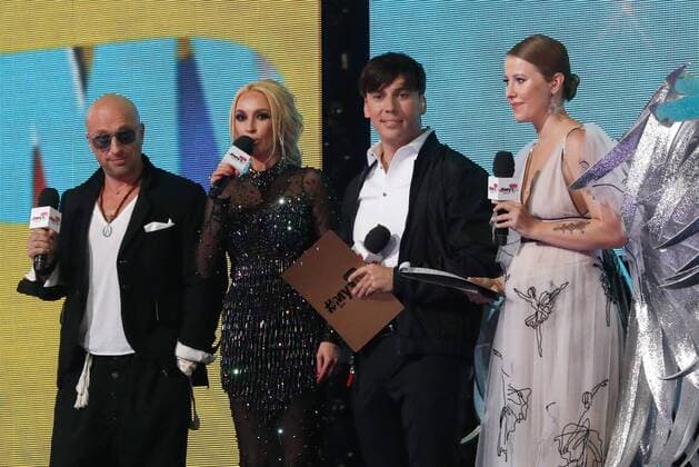 MOSCOW, RUSSIA - JUNE 9, 2017: Ceremony hosts Dmitry Nagiyev, Lera Kudryavtseva, Maxim Galkin and Ksenia Sobchak (L-R) seen during the 2017 Muz-TV Music Awards ceremony at Olimpiyskiy Olympic Stadium. Artyom Geodakyan TASS  TS0525CF