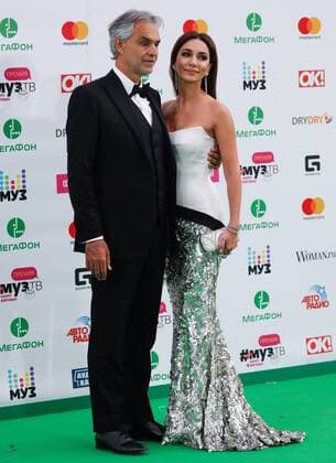MOSCOW, RUSSIA - JUNE 9, 2017: Italian tenor Andrea Bocelli (L) and Russian singer Zara seen ahead of the 2017 Muz-TV Music Awards ceremony at Olimpiyskiy Olympic Stadium. Artyom Geodakyan TASS  TS0525EB