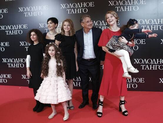 MOSCOW, RUSSIA - JUNE 15, 2017: Film producer Sabina Yeremeyeva, actress Asya Gromova, film director and screenwriter Pavel Chukhray, and actress Yulia Peresild (L-R back) pose at the Moscow premiere of Cold Tango, a film directed by Chukhray, at the Karo 11 Oktyabr cinema. Alexander Shcherbak TASS  TS053205