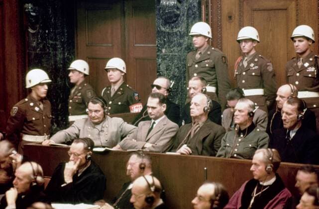 Defendants front row: Hermann Goering, Rudolf Hess, Joachim Von Ribbentrop, Wilhelm Keitel and Ernst Kaltenbrunner. Back row: Karl Doenitz, Erich Raeder, Baldur von Schirach, and Fritz Sauckel, 1946  1003_684THA