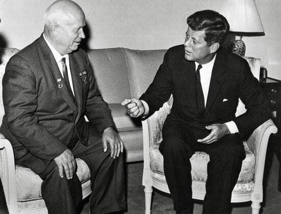 President John F. Kennedy meets with Nikita Khrushchev, chairman of the council of Ministers of the Soviet Union, at the U.S. Embassy residence in Vienna, Austria, 1961  1003_687THA