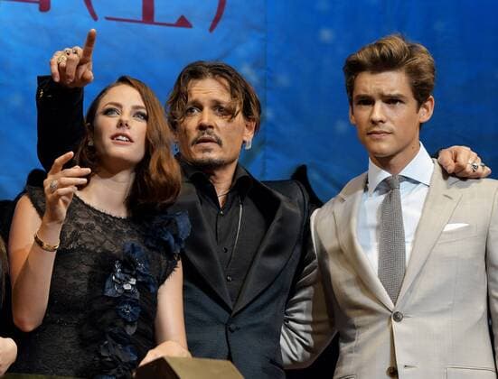 (L-R) Actors Kaya Scodelario, Johnny Depp and Brenton Thwaites attend the Japan premiere for the film Pirates of the Caribbean: Dead Men Tell No Tales in Tokyo, Japan on June 20, 2017.  TKP2017062020 KEIZOxMORI