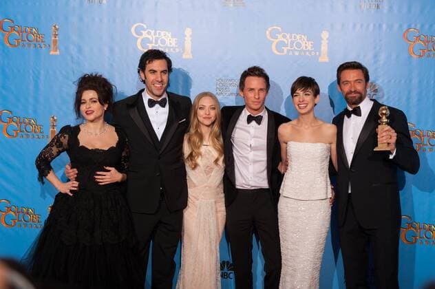 For BEST MOTION PICTURE COMEDY OR MUSICAL, the Golden Globe is awarded to LES MISERABLES?, produced by Universal Pictures, A Working Title Films Cameron Mackintosh Productions; Universal Pictures. Helena Bonham Carter, Sacha Baron Cohen, Amanda Seyfried, Eddie Redmayne, Anne Hathaway and Hugh Jackman pose with the award backstage in the press room at the 70th Annual Golden Globe Awards at the Beverly Hilton in Beverly Hills, CA on Sunday, January 13, 2013. BEVERLY HILLS CA USA Copyright: xJRCxPhotoxLibraryx 31805_482JRC