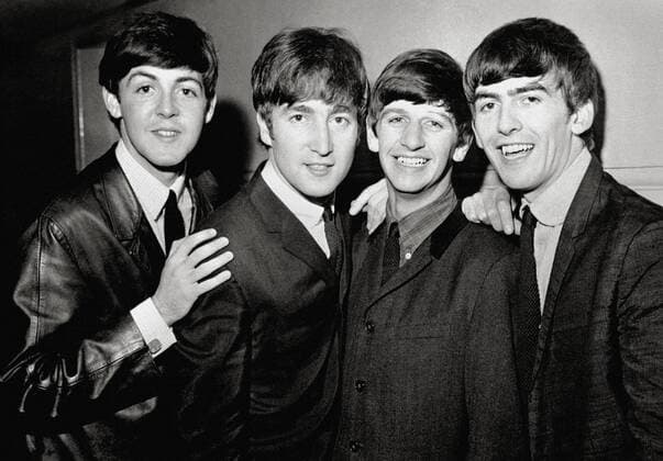 The Beatles pop group, Paul McCartney, John Lennon, Ringo Starr and George Harrison, 1963 Hollywood CA USA  33300_047THA