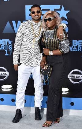 Buck Thomas (L) and PreMadonna attend the 17th annual BET Awards at Microsoft Theater in Los Angeles on June 25, 2017. The ceremony celebrates achievements in entertainment and honors music, sports, television, and movies released between April 1, 2016 and March 31, 2017.  LAP20170625465 CHRISTINExCHEW