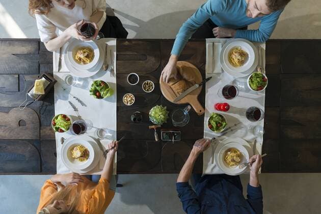 Friends eating together spaghetti carbonara model released Symbolfoto property released  ZOCF00368