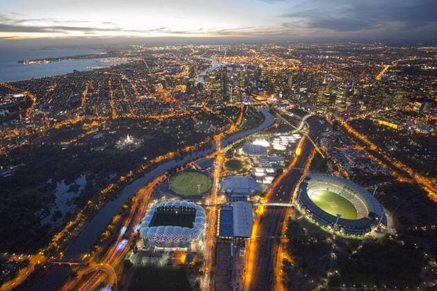 Melbourne Sports Precinct lit at night with cityscape, Australia Australia  Copyright: xRichardxPowersx 14890-50-1