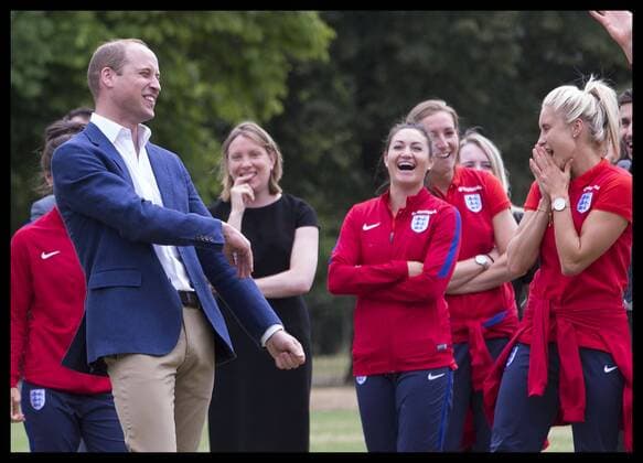 . 13 07 2017. London, United Kingdom. The Duke of Cambridge enjoys a kick about with the England Women football team in the grounds of Kensington Palace in London after a reception to wish the team good luck in the forthcoming UEFA Women s Euro 2017 tournament in the Netherlands.  xStephenxLockx xi-Imagesx IIM-15554-0053