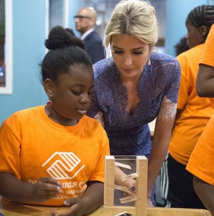 Ivanka Trump interacts with students and their science experiments after she and Education Secretary Betsy DeVos read Rosie Revere, Engineer to early grade school children at the Spark Lab at the National Museum of American History in Washington, DC on July 25, 2017. DeVos and Ivanka Trump focused the event on getting girls excited about STEM studies as they participated in certain science experiments.  WAS2017072518 PatxBenic