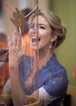 Ivanka Trump interacts and participates in a science experiment in a wind tunnel after she and Education Secretary Betsy DeVos read Rosie Revere, Engineer to early grade school children at the Spark Lab at the National Museum of American History in Washington, DC on July 25, 2017. DeVos and Ivanka Trump focused the event on getting girls excited about STEM studies as they participated in certain science experiments.  WAS2017072551 PatxBenic