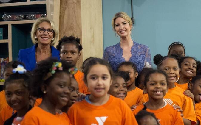 Education Secretary Betsy DeVos and Ivanka Trump pose for a picture after they read Rosie Revere, Engineer to early grade school children at the Spark Lab at the National Museum of American History in Washington, DC on July 25, 2017. DeVos and Ivanka Trump focused the event on getting girls excited about STEM studies as they participated in certain science experiments.  WAS2017072509 PatxBenic