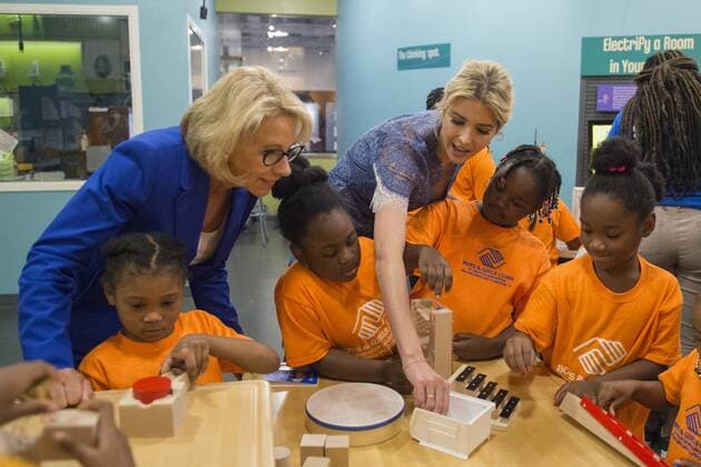 Education Secretary Betsy DeVos and Ivanka Trump interacts and discuss science experiments with early grade school children at the Spark Lab at the National Museum of American History in Washington, DC on July 25, 2017. DeVos and Ivanka Trump focused the event on getting girls excited about STEM studies as they participated in certain science experiments.  WAS2017072514 PatxBenic
