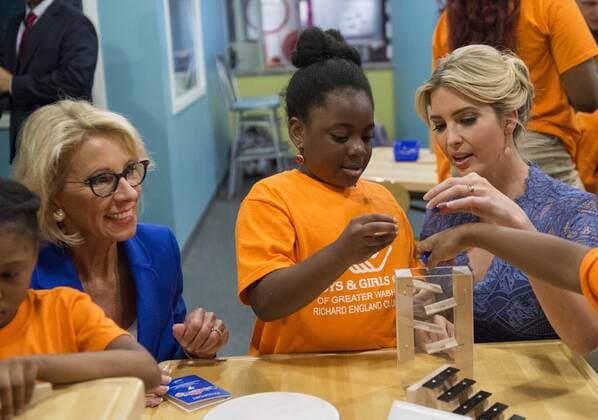 Education Secretary Betsy DeVos and Ivanka Trump interacts and discuss science experiments with early grade school children at the Spark Lab at the National Museum of American History in Washington, DC on July 25, 2017. DeVos and Ivanka Trump focused the event on getting girls excited about STEM studies as they participated in certain science experiments.  WAS2017072520 PatxBenic