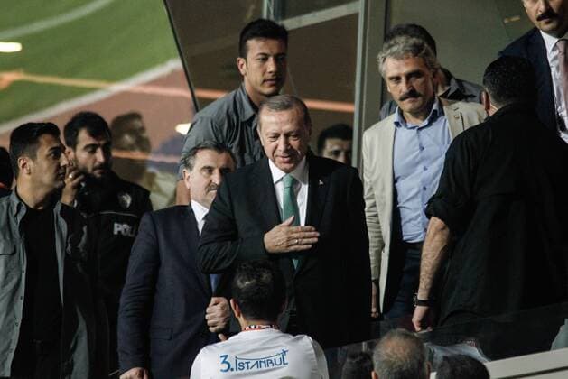 August 2, 2017 - Istanbul, TURKEY - Turkish President Recep Tayyip Erdogan (C) arrives at the stadium for the UEFA Champions League third qualifying round second leg match between Basaksehir Istanbul and Club Brugge in Istanbul, Turkey, 02 August 2017. (  Copyright: CanxErok 29316921sp