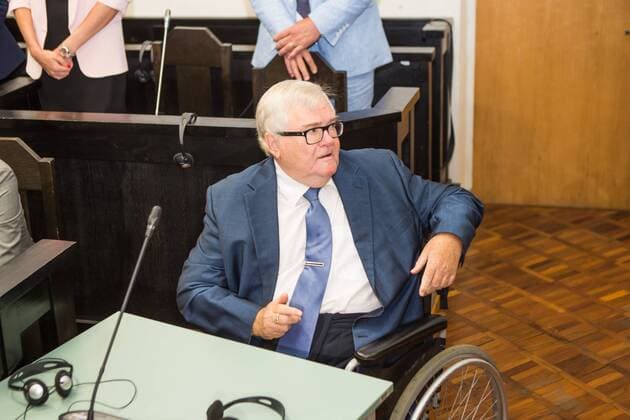 Tallinn, Estonia, 08.08.2017 Following an eight-week break, the graft trial of suspended Tallinn mayor and former longtime Center Party chariman EDGAR SAVISAAR continued in Harju County Court on Tuesday. The hearing will continue on Wednesday with the presentation of evidence in the case. In photo: EDGAR SAVISAAR (in wheelchair) in the Court room. Tallinn Estonia Harju Maakohus  Copyright: xGEORGxKRREx