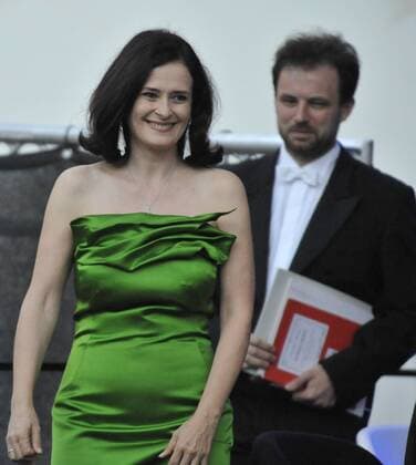 Slovak classical soprano Simona Saturova (left) performs with the Brno Philharmonic Orchestra during the Spilberk International Music Festival in Brno, Czech Republic, on August 13, 2017. On the right side is seen Polish conductor Lukasz Borowicz. (CTKxPhoto IgorxZehl) CTKPhotoP201708130498501  zeh