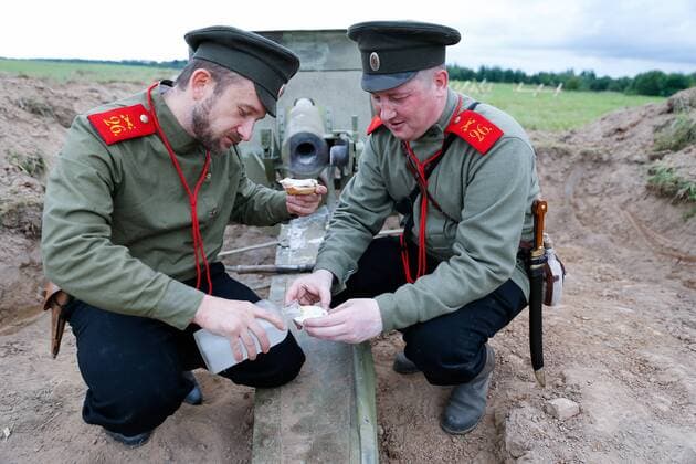 KALININGRAD REGION, RUSSIA - AUGUST 19, 2017: Participants in a historical reenactment of the 1914 Battle of Gumbinnen between the Russian and the German Armies on the Eastern Front of World War I. The battle reenactment is performed as part of the Battle of Gumbinnen military and historical festival near the village of Lermontovo. Vitaly Nevar TASS  TS05BFE5