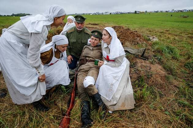 KALININGRAD REGION, RUSSIA - AUGUST 19, 2017: Participants in a historical reenactment of the 1914 Battle of Gumbinnen between the Russian and the German Armies on the Eastern Front of World War I. The battle reenactment is performed as part of the Battle of Gumbinnen military and historical festival near the village of Lermontovo. Vitaly Nevar TASS  TS05BFE7