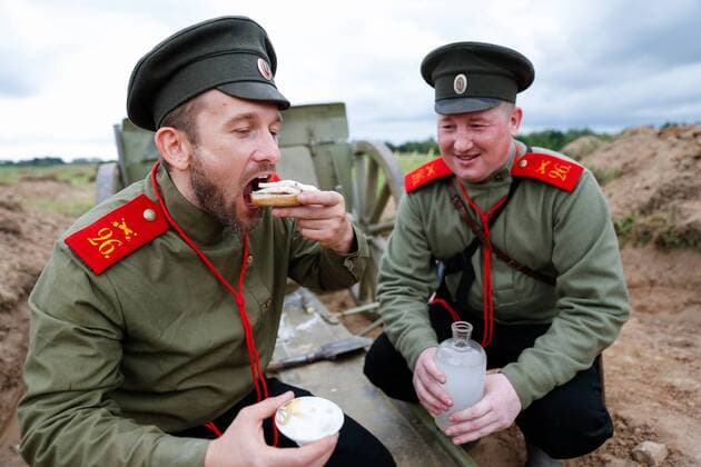 KALININGRAD REGION, RUSSIA - AUGUST 19, 2017: Participants in a historical reenactment of the 1914 Battle of Gumbinnen between the Russian and the German Armies on the Eastern Front of World War I. The battle reenactment is performed as part of the Battle of Gumbinnen military and historical festival near the village of Lermontovo. Vitaly Nevar TASS  TS05BFEA